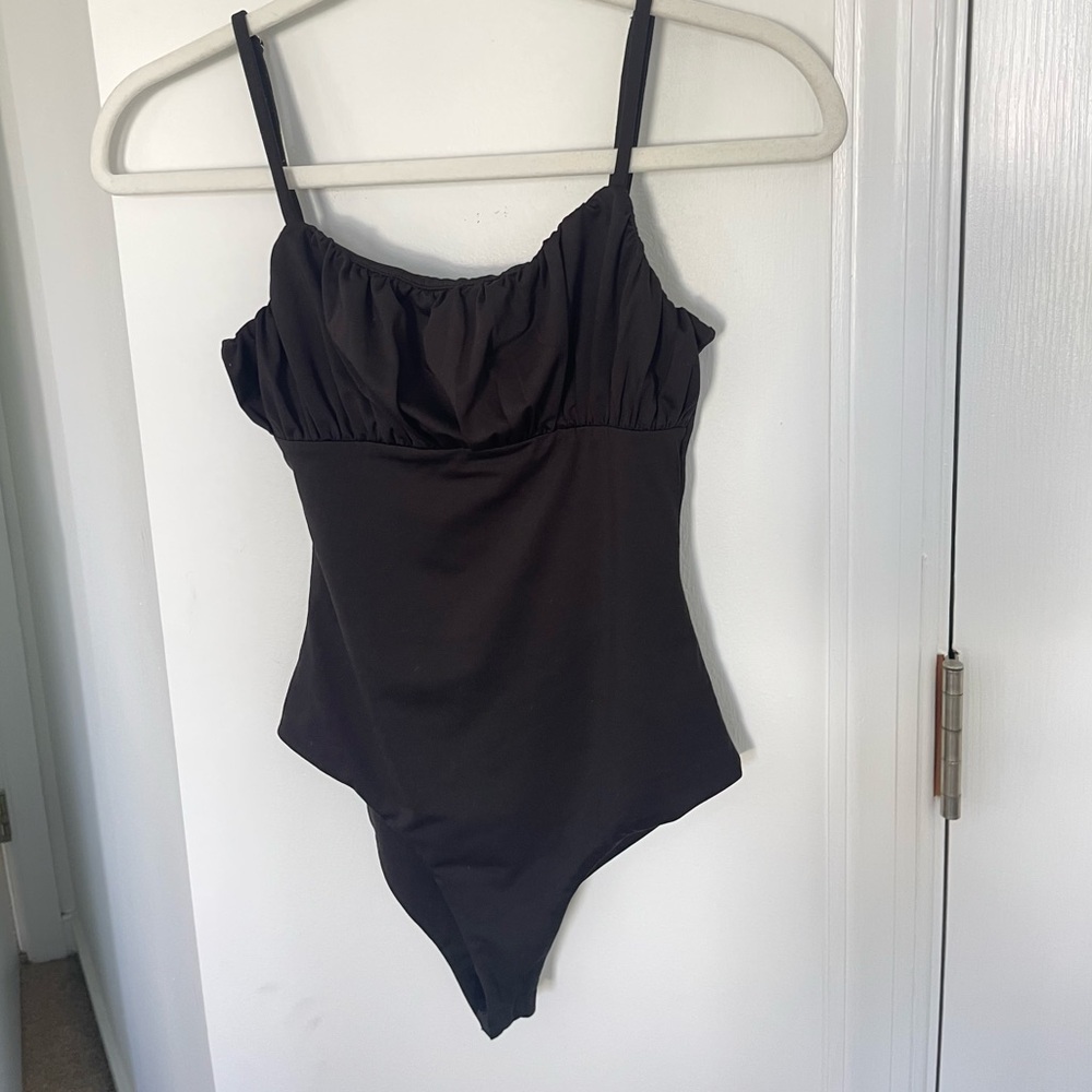Ruched Black Spaghetti Strap Bodysuit